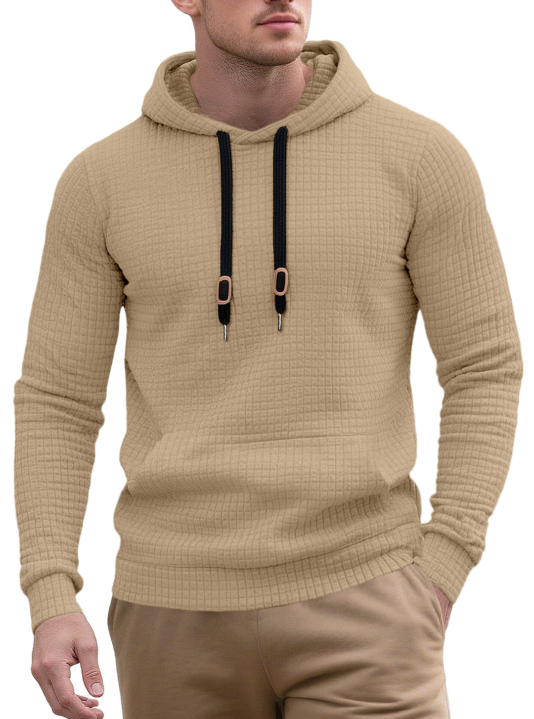 Herren nan schmal geschnittener Stepp-Kapuzenpullover mit feiner Quadratstruktur, Kordelzug und geripptem Saum R&B