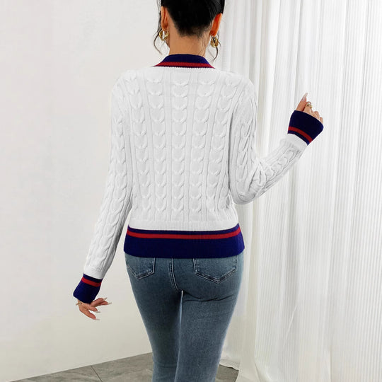 Damen modischer Kabelstrick-Cardigan mit zweifarbigem Abschluss R&B