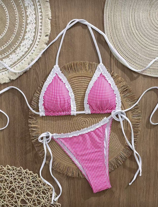 Damen Bikini-Set mit verspieltem Karomuster und charmanten Rüschendetails R&B