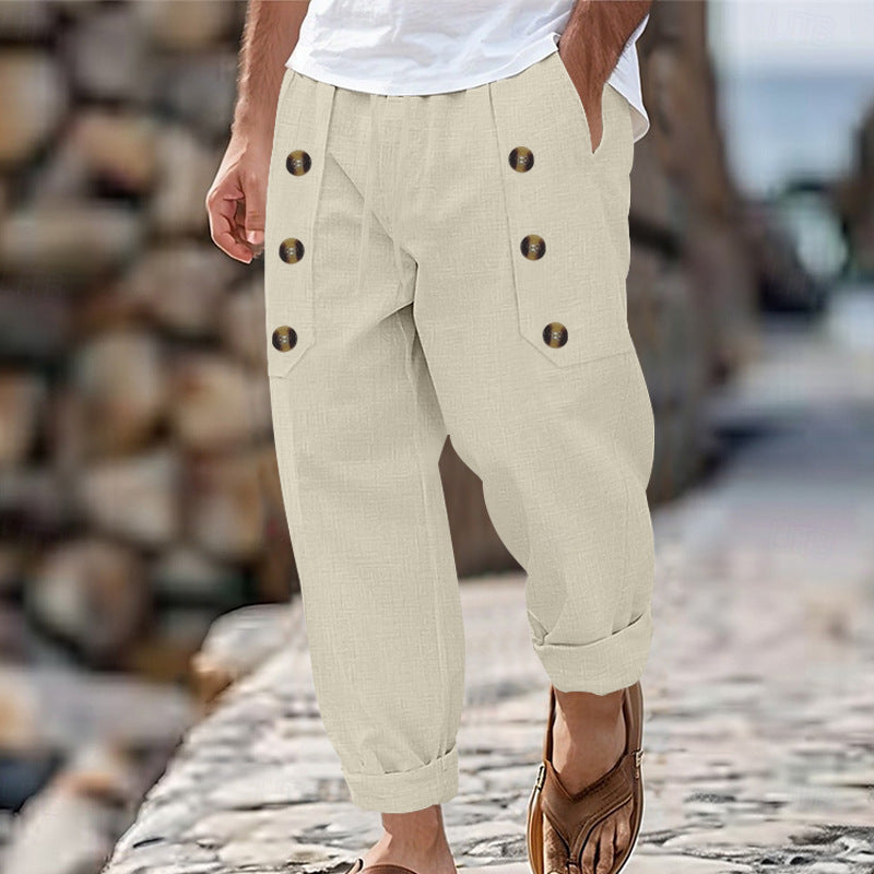 Herren lässige Leinen-Cargo-Hose mit praktischen Knöpfen und seitlichen Taschen R&B