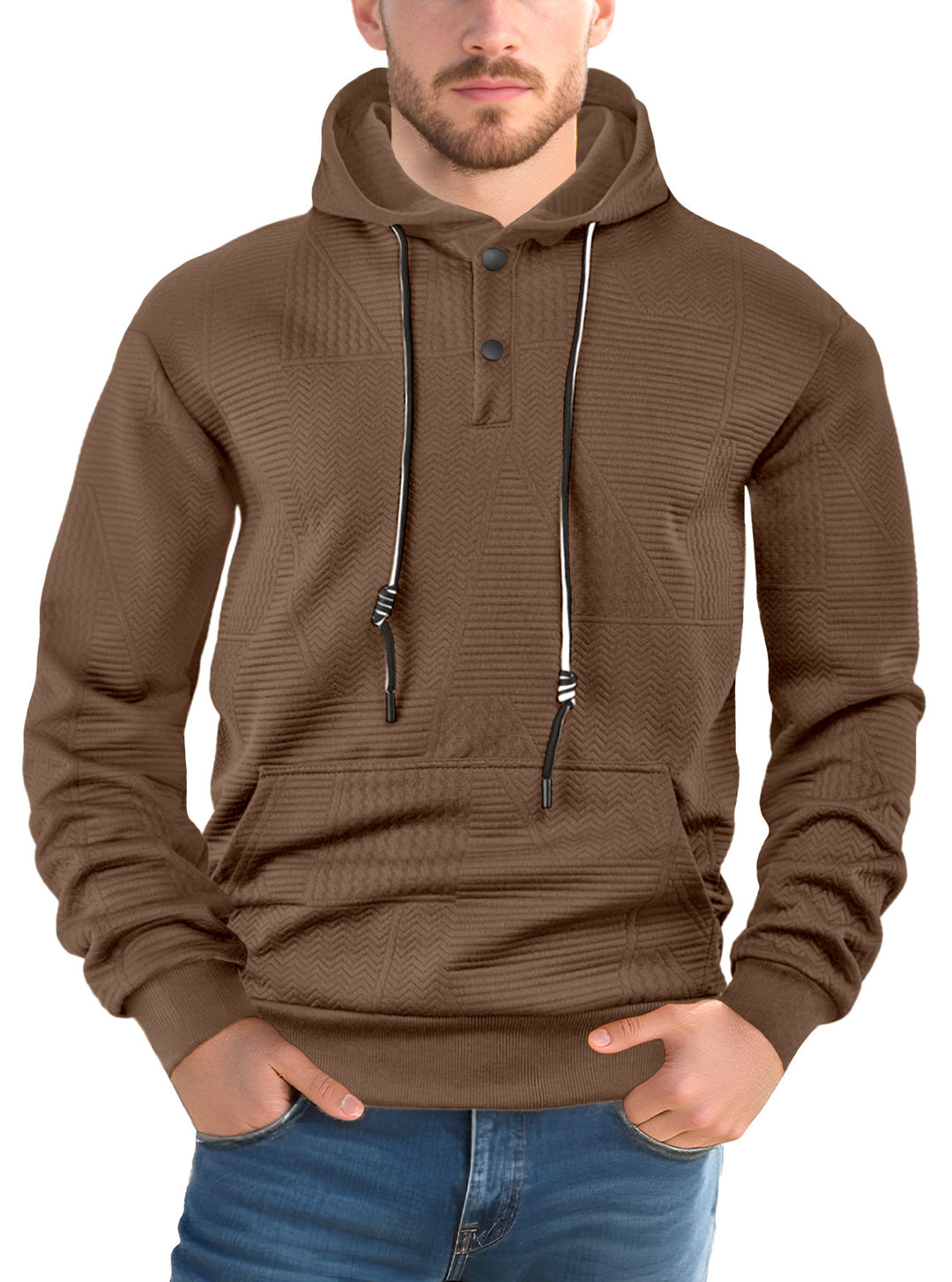 Herren nan strukturierter Kapuzenpullover mit Druckknopfleiste und Kängurutasche R&B