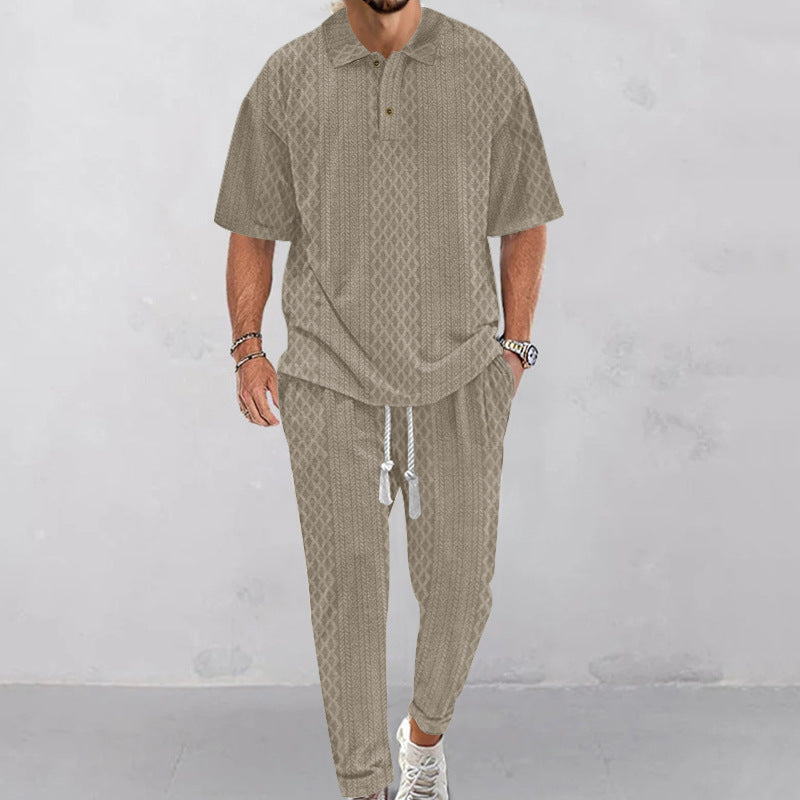 Herren nan Jacquard-Loungewear-Set mit Polokragen Kordelzugbund und konisch geschnittener Jogginghose R&B