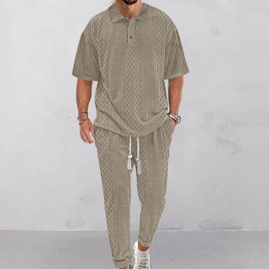 Herren nan Jacquard-Loungewear-Set mit Polokragen Kordelzugbund und konisch geschnittener Jogginghose R&B