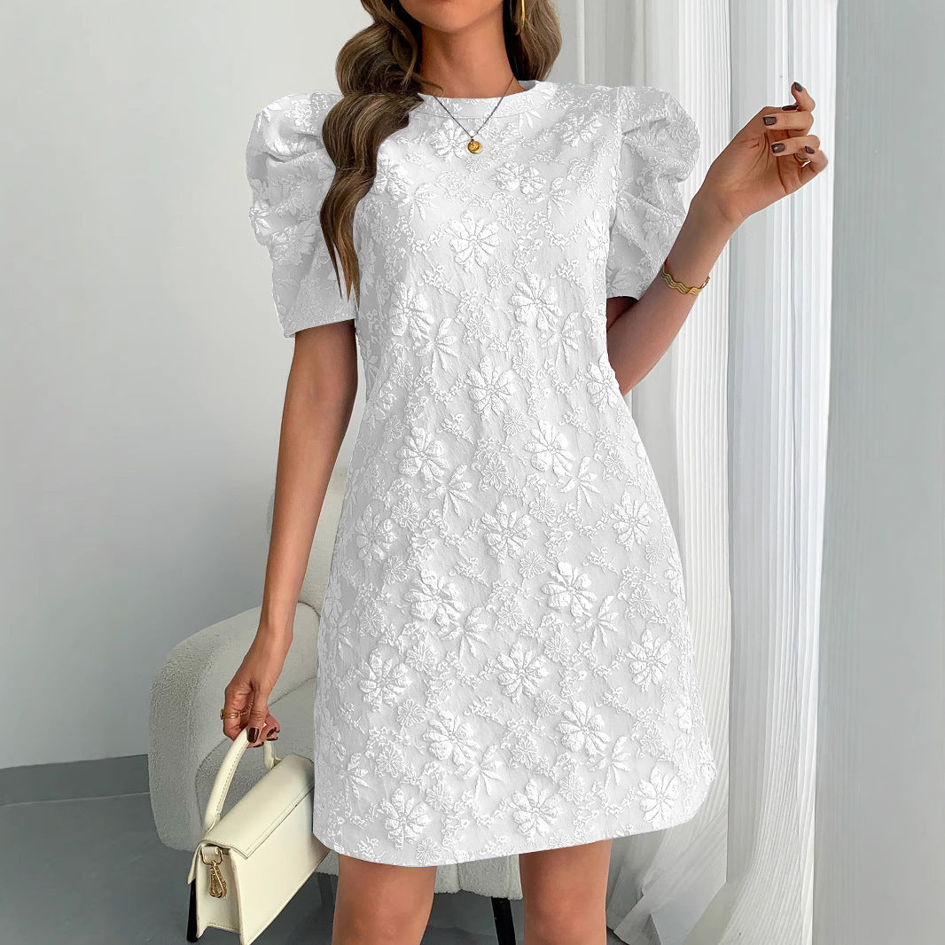 Damen Mini-Kleid mit Puffärmeln und floralem Stickdesign R&B