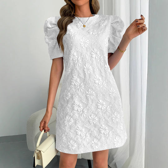 Damen Mini-Kleid mit Puffärmeln und floralem Stickdesign R&B