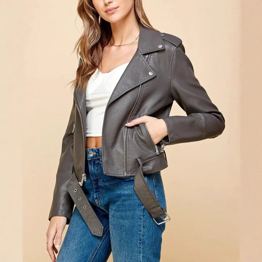 Damen Kunstleder Bikerjacke tailliert geschnitten