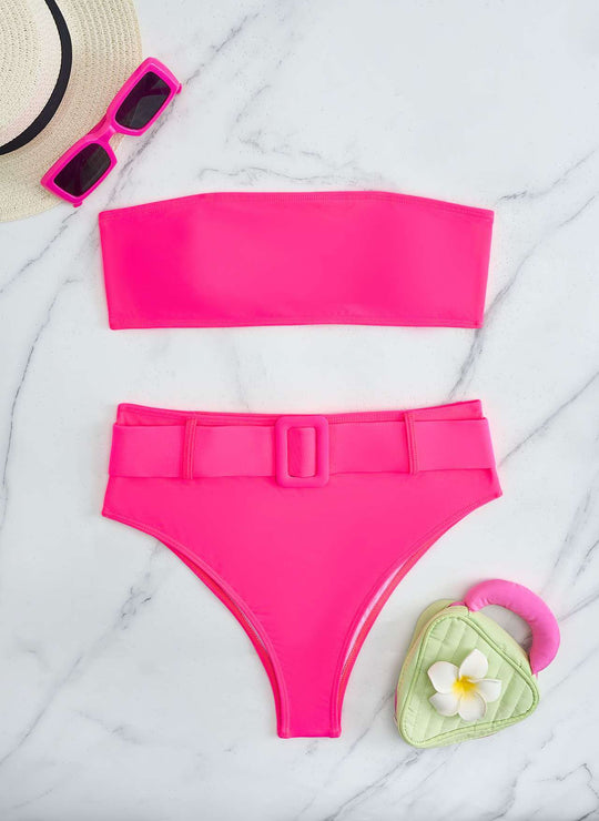 Damen Bandeau-Bikini-Set mit hoch taillierter Hose und trendigem Gürteldetail R&B