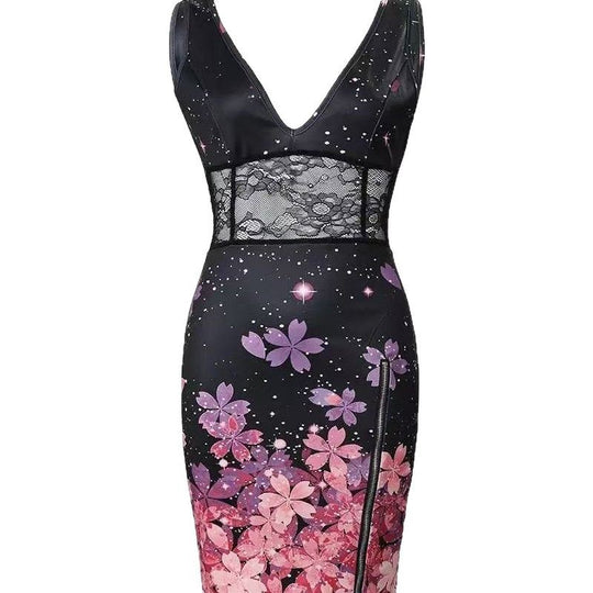 Damen Elegantes Blumenkleid mit tiefem V-Ausschnitt und Spitzen-Details R&B
