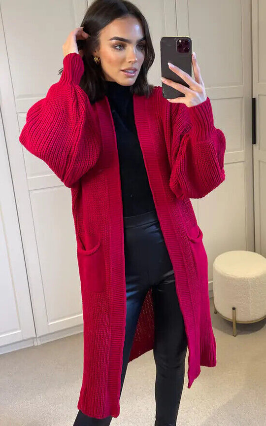 Damen Langer Strickmantel mit großzügigen Taschen R&B