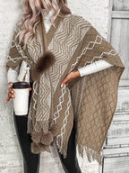R&B | Cape Schal Cardigan Wolle Strick Übergröße Fransen Saum V-Ausschnitt Boho Stil