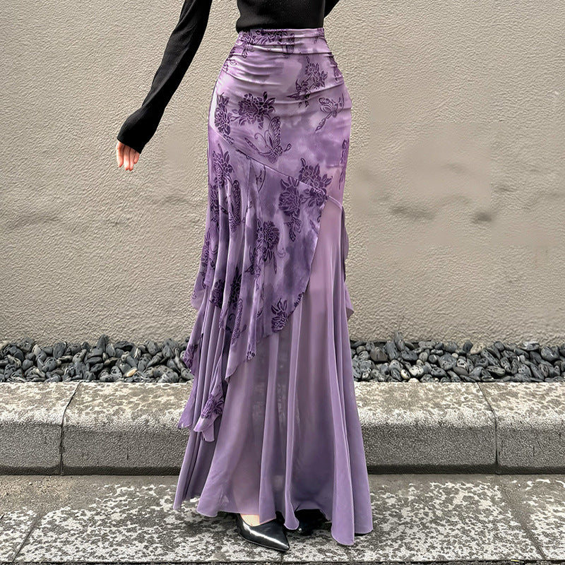 Damen Maxi-Rock mit floralem Design und asymmetrischem Schnitt R&B
