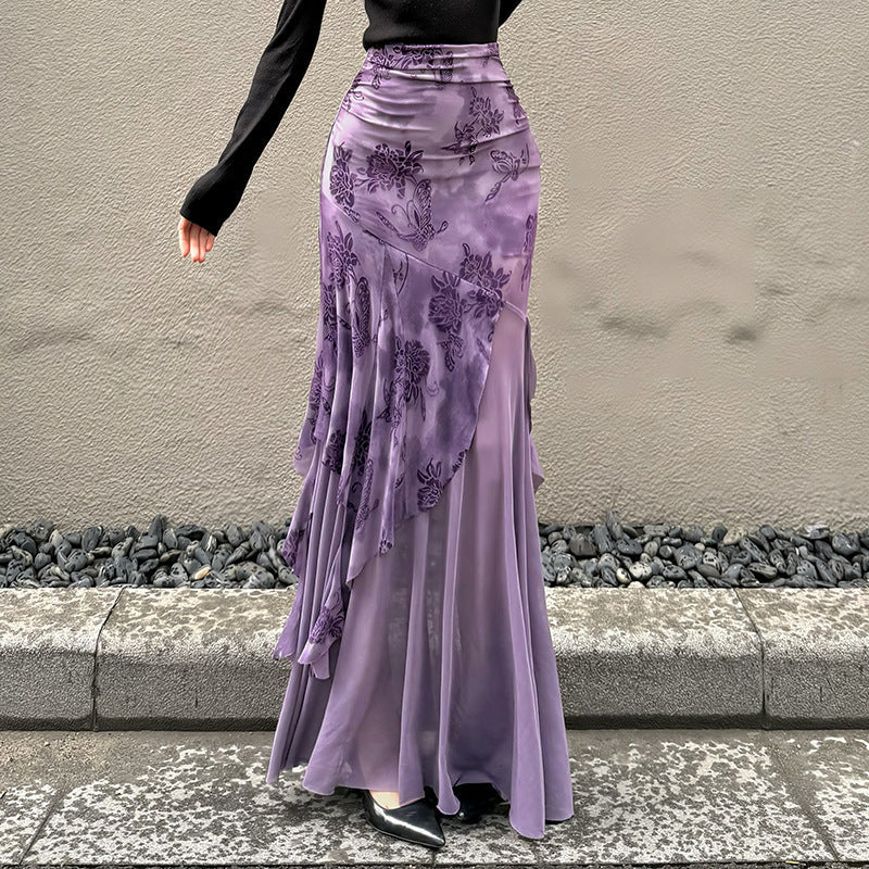 Damen Maxi-Rock mit floralem Design und asymmetrischem Schnitt R&B