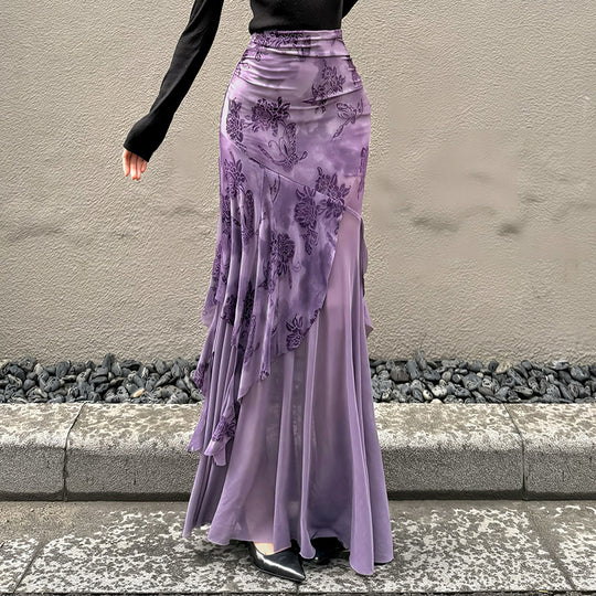Damen asymmetrischer Maxirock mit floralen Details und transparenten Schichten R&B