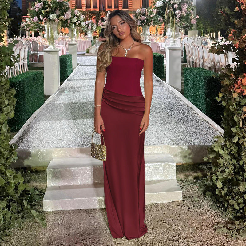 Damen Elegantes Cocktail-Maxi-Kleid mit schulterfreiem Design und sanfter Raffung R&B