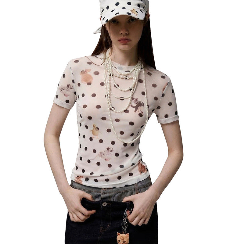 Damen Figurbetontes Polka-Dot T-Shirt mit verspieltem Tierdesign R&B