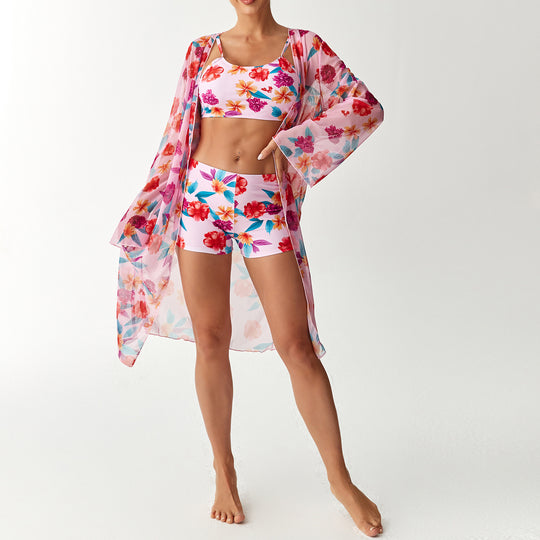 Damen Strandoutfit mit floralem Design und transparentem Kaftan R&B
