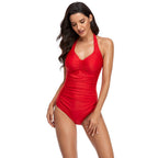 Damen eleganter einteiliger Badeanzug mit tiefem V-Ausschnitt und figurformenden Rüschen