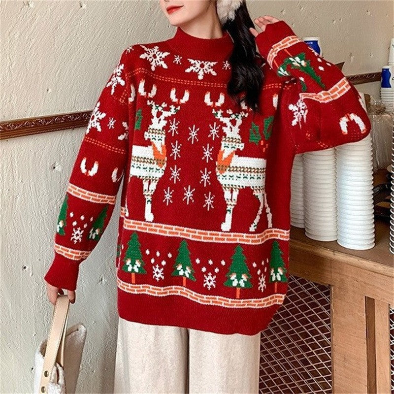 Damen Festlicher Pullover mit 3D-Rentier-Motiv und Hochkragen R&B