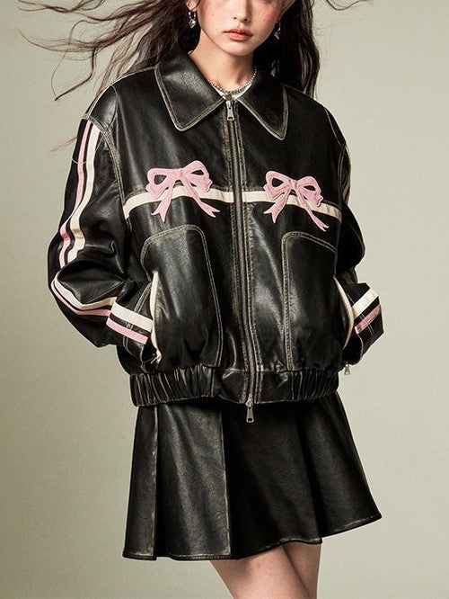 R&B | Bowknot Zip Up Lederjacke