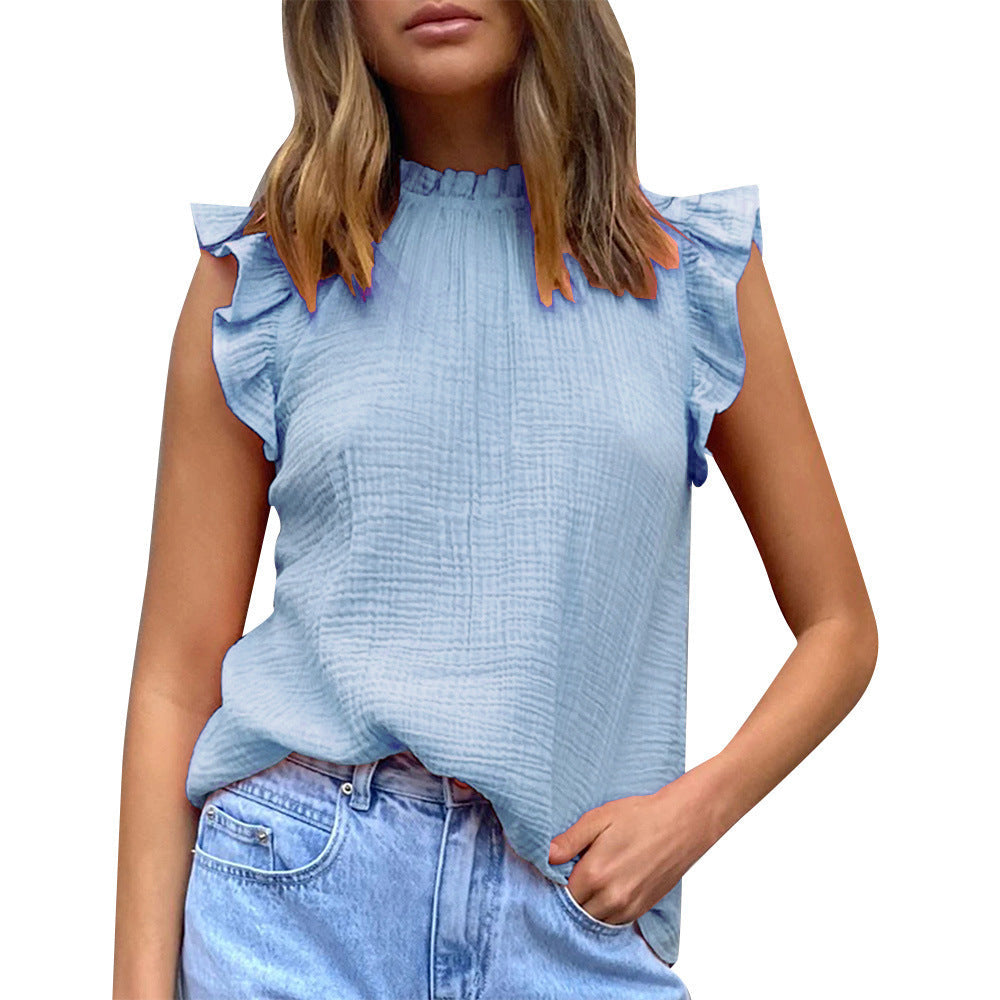 Damen luftige Bluse mit Rüschendetails und Stehkragen R&B