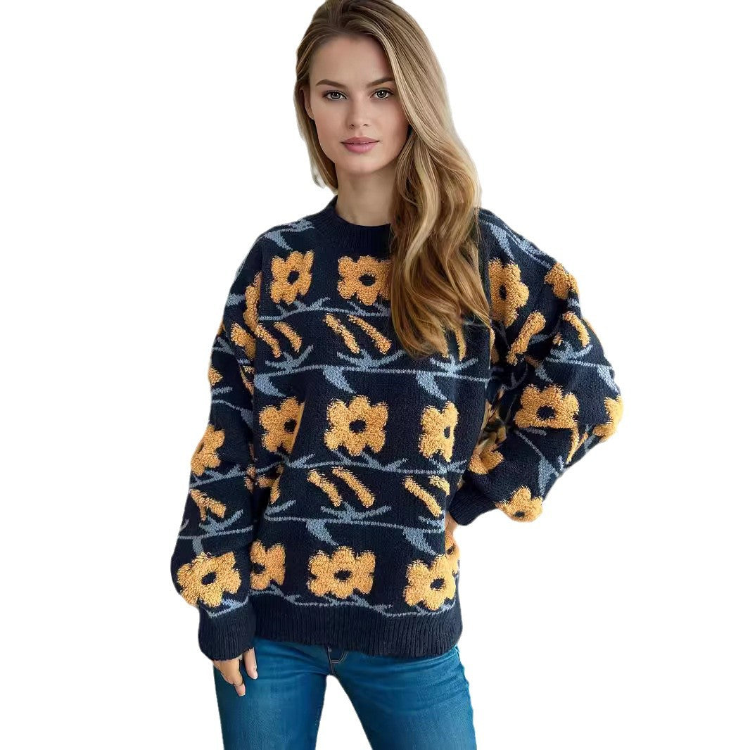 Damen Strickpullover mit floralem Muster und lässigem Schnitt R&B