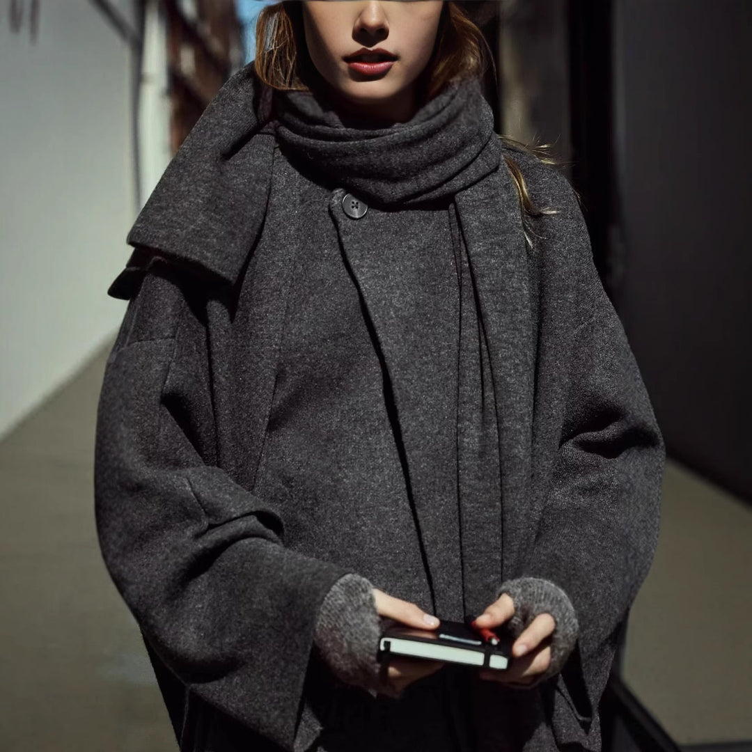 Damen asymmetrische Wickeljacke mit großem Kragen R&B