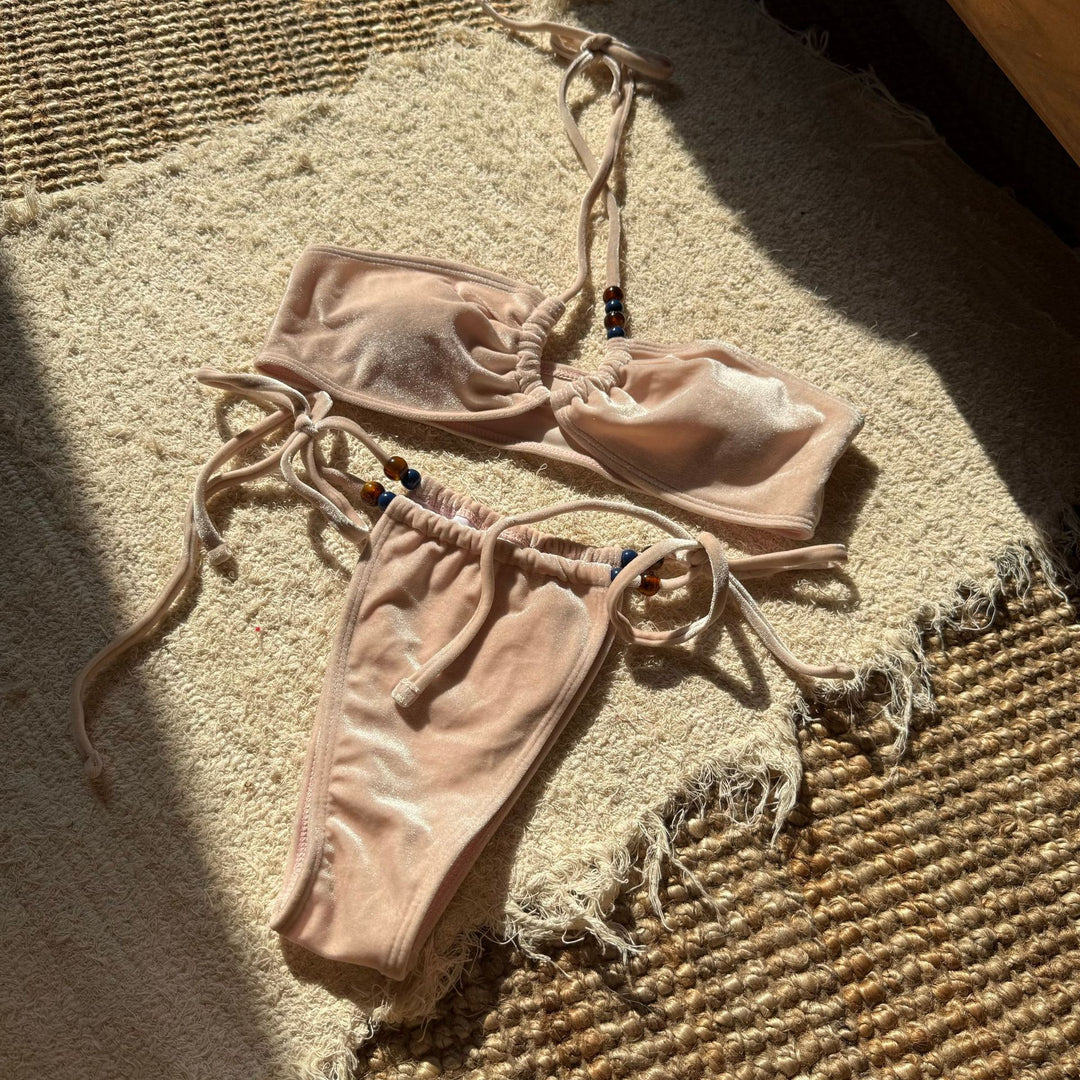 Damen Luxuriöser Bandeau-Bikini mit verstellbaren Trägern und dekorativen Perlen R&B