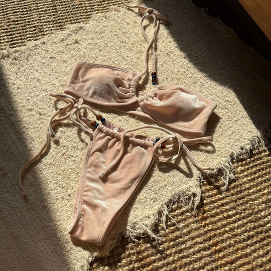Damen Luxuriöser Bandeau-Bikini mit verstellbaren Trägern und dekorativen Perlen R&B
