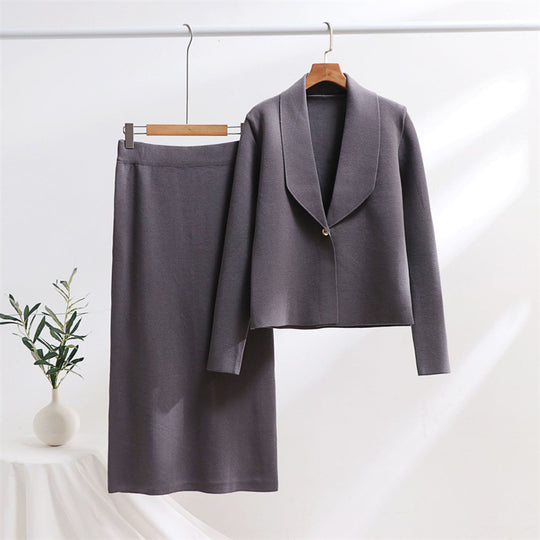 Damen elegantes Strickensemble mit Blazer und Midi-Rock R&B