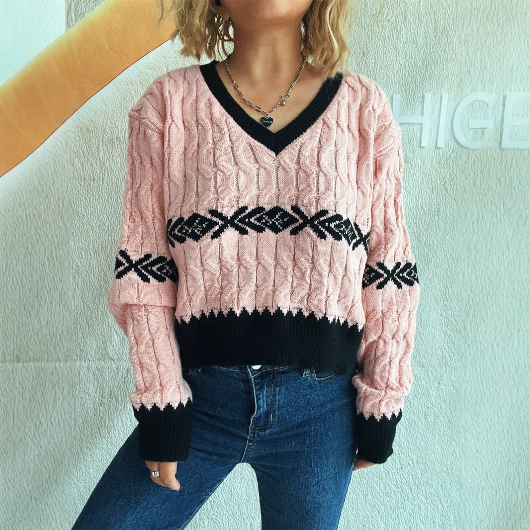 Damen lässiger Strickpullover mit modernem Zopfmuster und kontrastierenden Akzenten R&B