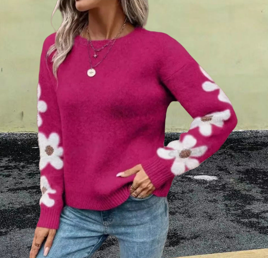 Damen Strickpullover mit floralem Muster und Rundhalsausschnitt R&B