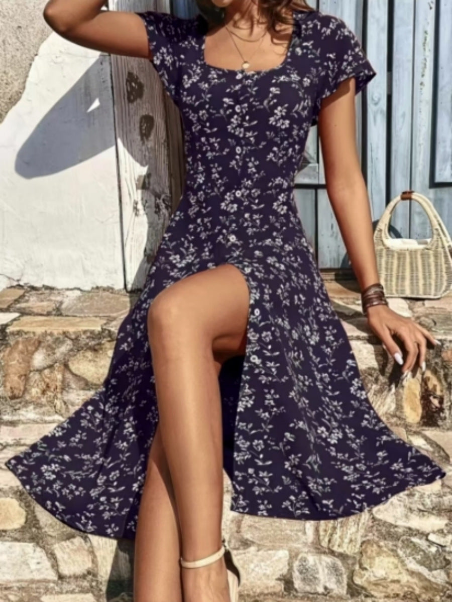 Damen Midi Kleid mit floralen Mustern und Knopfleiste R&B