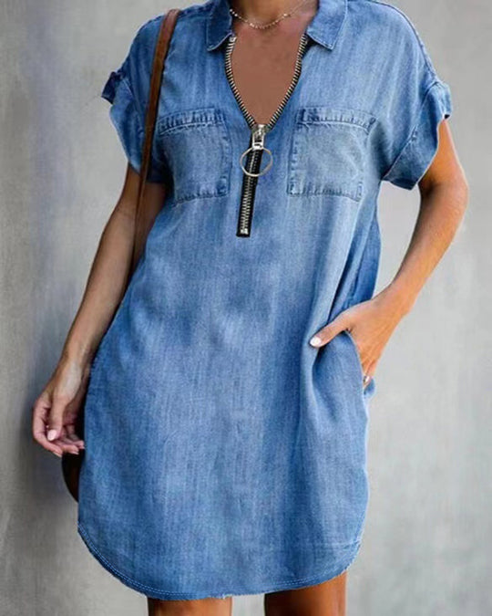 Damen Chambray Kleid mit Reißverschluss und praktischen Taschen R&B