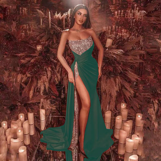 Damen Glamouröses Maxikleid mit funkelndem Oberteil und hohe Beinschlitz R&B