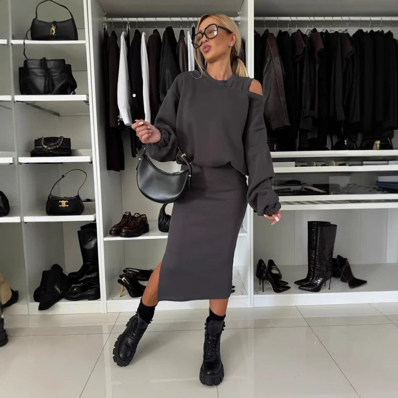 Damen legeres Sweatkleid mit asymmetrischem Saum und luftigen Ärmeln R&B