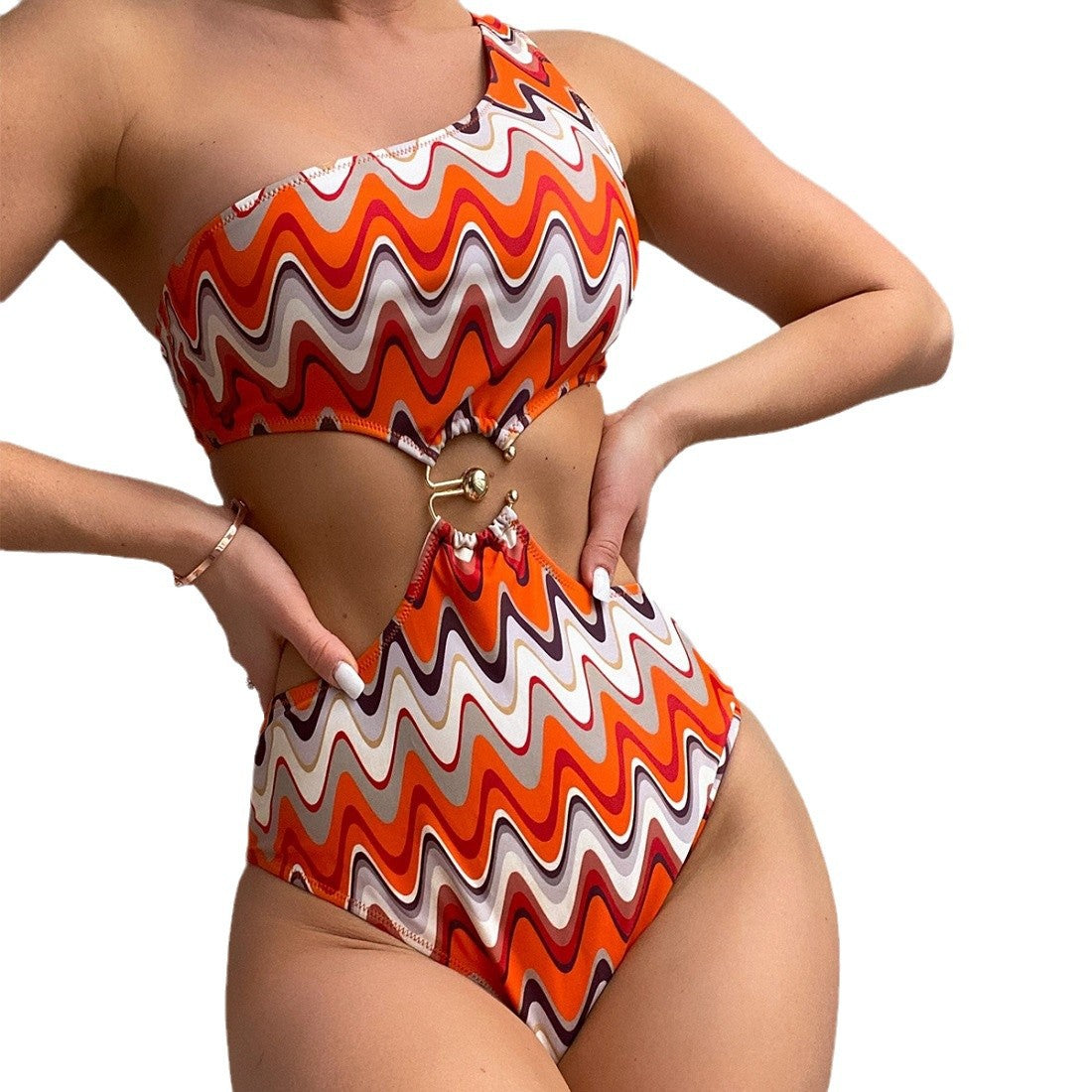 Damen Designer Badeanzug mit asymmetrischem Schnitt und sexy Cut-Outs R&B