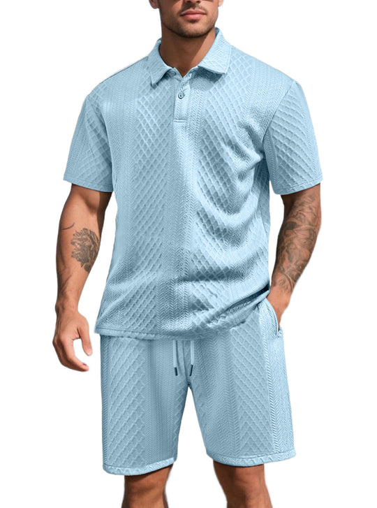 Herren nan dreidimensionales Relief-Freizeit-Set mit Polokragen, verdeckter Knopfleiste und elastischer Tunnelzugshorts R&B