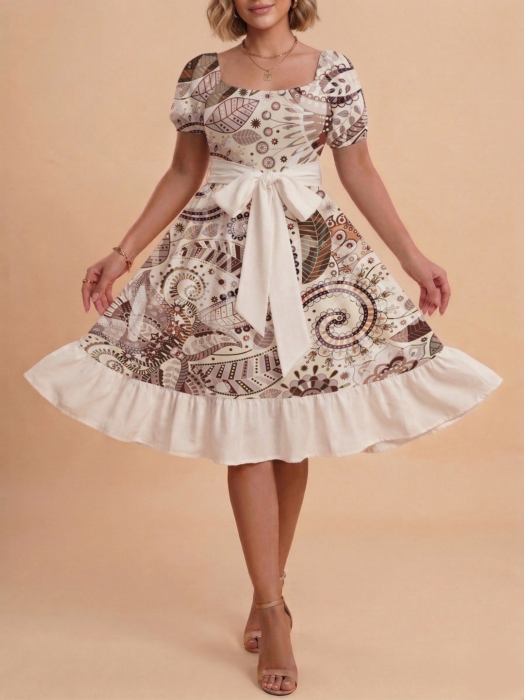 Damen modernes Blumenkleid mit elegantem Taillengürtel und asymmetrischem Saum R&B
