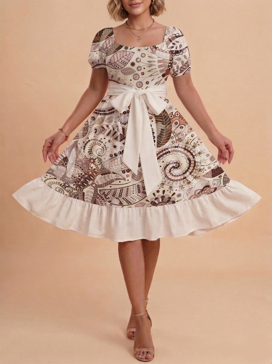 Damen modernes Blumenkleid mit elegantem Taillengürtel und asymmetrischem Saum R&B
