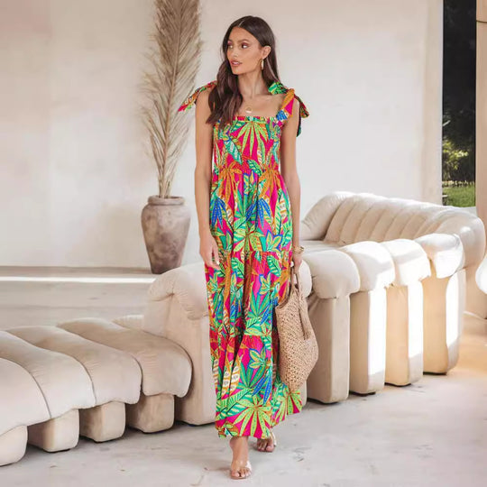 Damen Maxi-Kleid mit floralen Mustern und Trägerdetails R&B