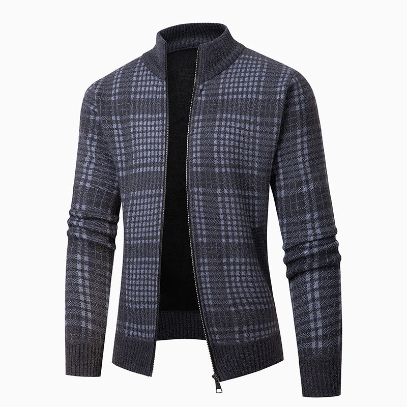 Herren modische Strickjacke mit modernem Karomuster und hohem Kragen R&B