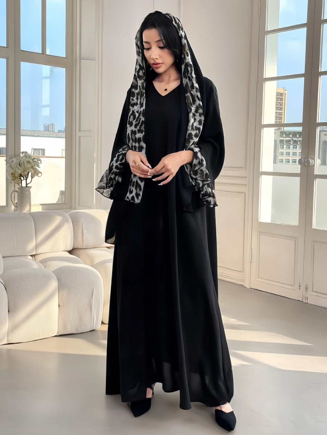 Damen Fließendes Maxikleid mit eleganten Ärmeln und V-Ausschnitt R&B