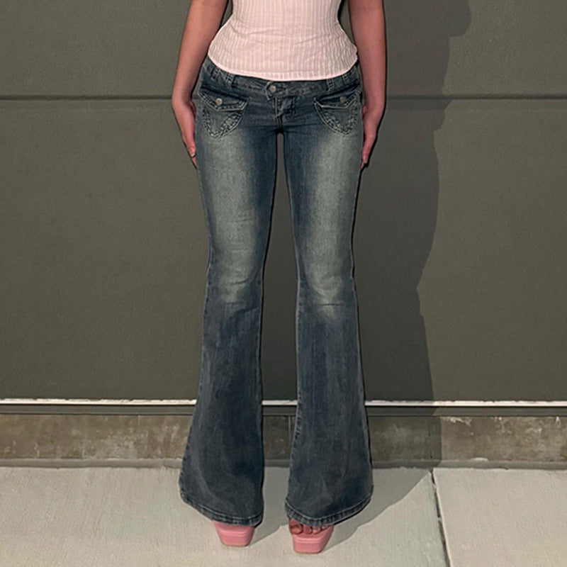 Damen Flared Jeans im klassischen Schnitt mit dekorativen Taschen R&B
