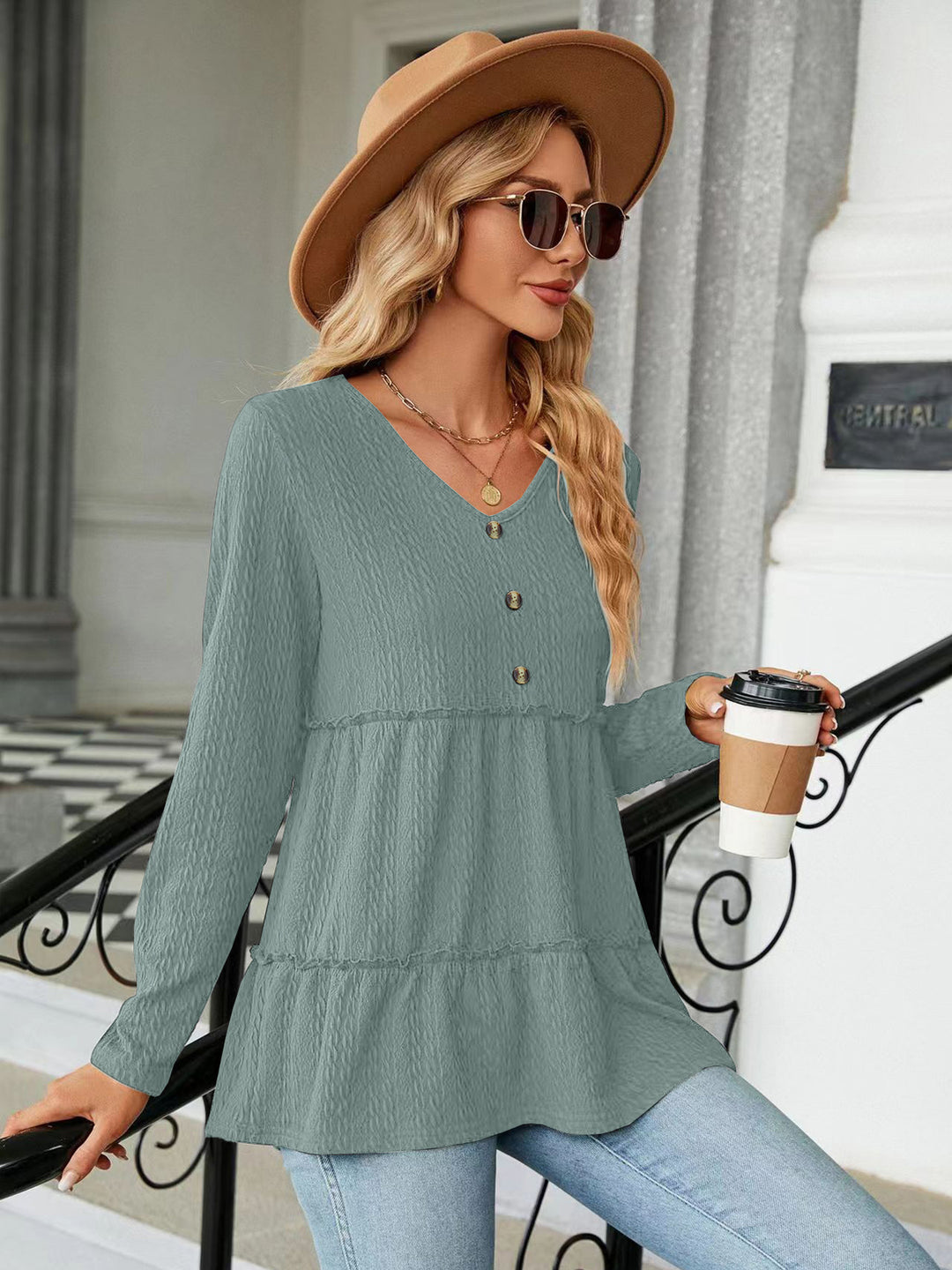 Damen Langarm Tunika mit Knopfdetail und Volant R&B