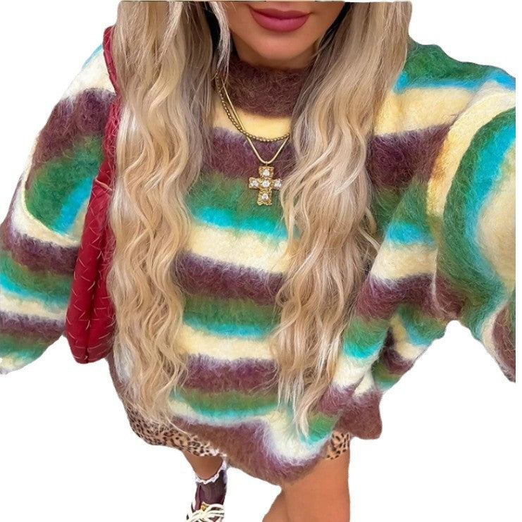 Damen Trendiger Pullover mit buntem Streifenmuster und lässigem Schnitt R&B