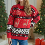 Damen festlicher Strickpullover mit weihnachtlichem Rentier-Motiv und detailreicher Musterung R&B