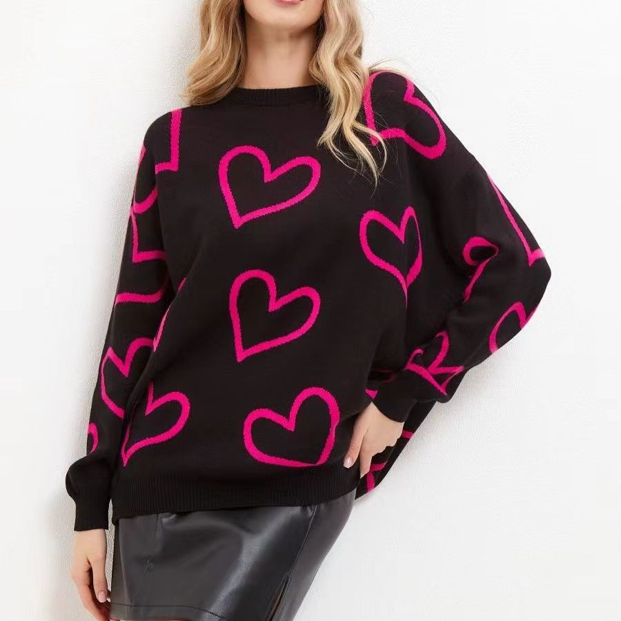 Damen lässiger Strickpullover mit Herzdesign und oversized Passform R&B