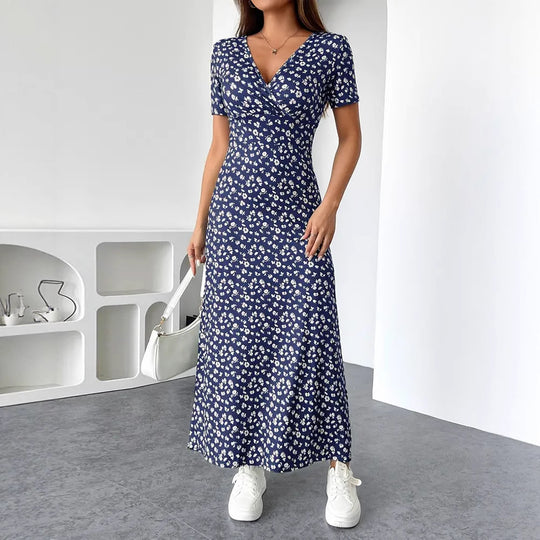 Damen nan tailliertes V-Ausschnitt Wickeloptik Maxikleid aus Viskosejersey mit kurzen Ärmeln und A-Linien-Saum R&B