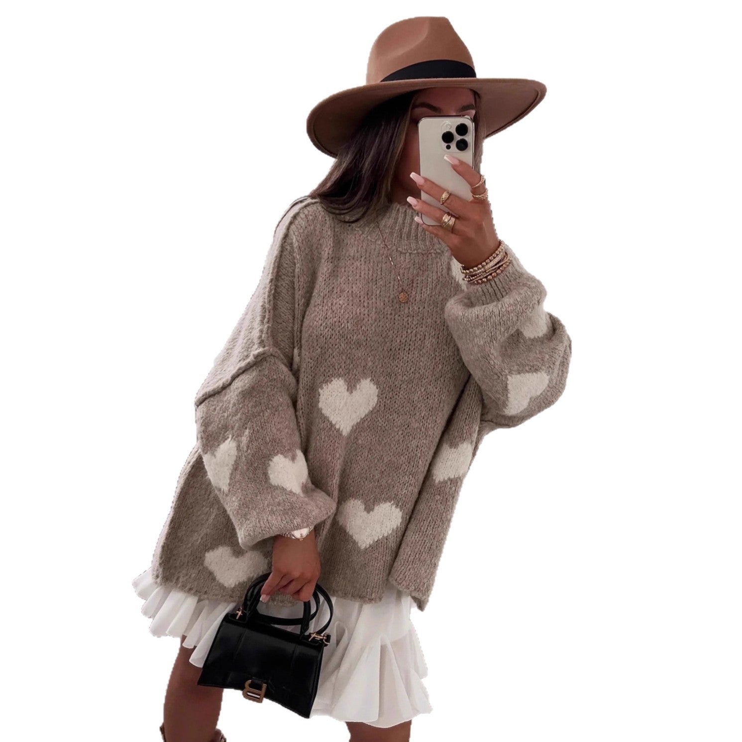 Damen grob gestrickter Pullover mit Herzmotiven und lässigem Schnitt R&B