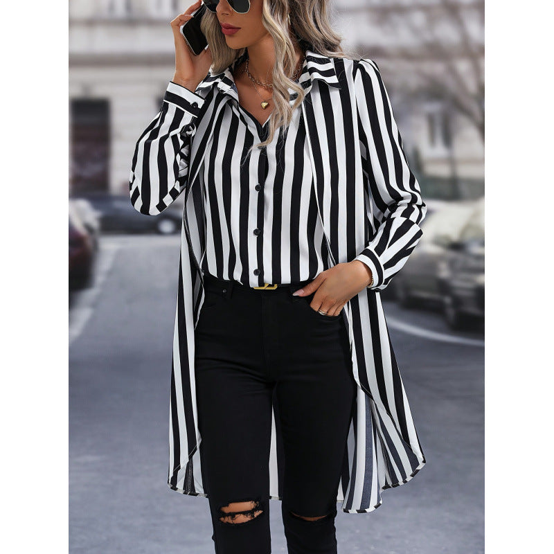 Damen Langarm Hemdbluse im modernen Streifenlook mit asymmetrischem Schnitt R&B